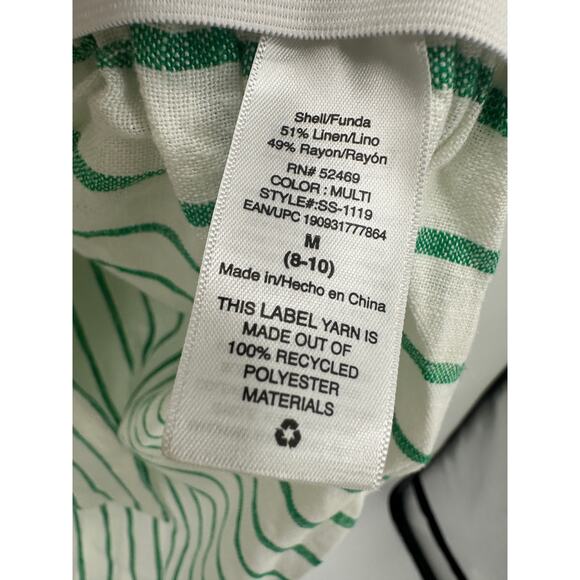 Scoop Button Down Shirt Women Medium Green Striped Linen Rayon Collar Tunic - Picture 9 of 9